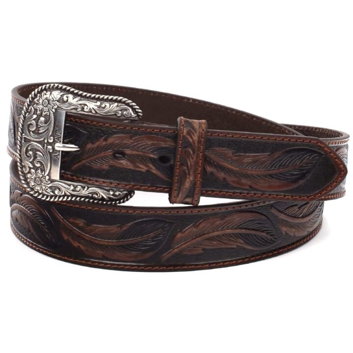 ARIAT Men's Embossed Leaf Leather Belt with Etched Silver Buckle, Brown, 32