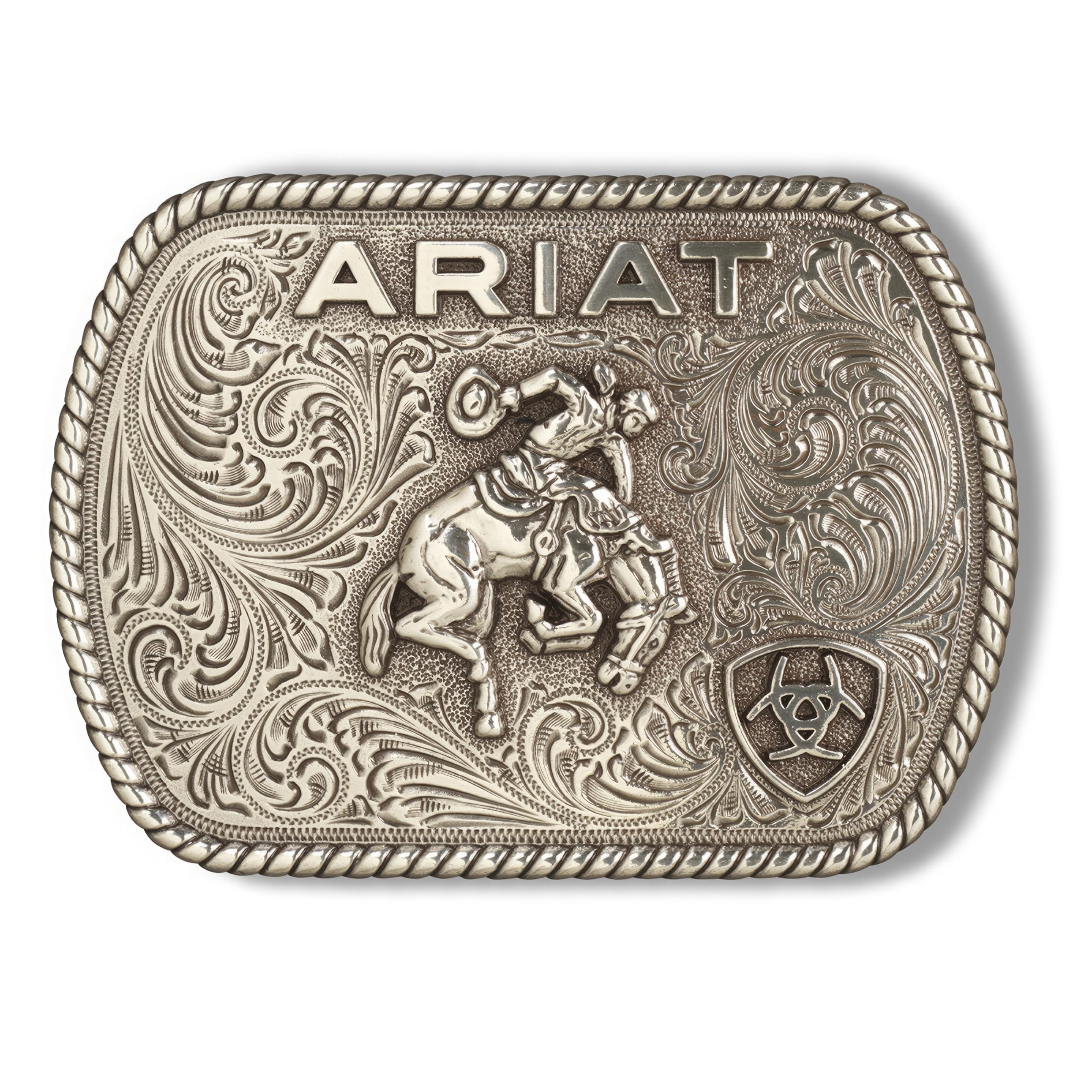 ARIAT Men's Rectangle Buckle, Saddle Bronc Motif, Silver, 3-1/2 x 2-1/2