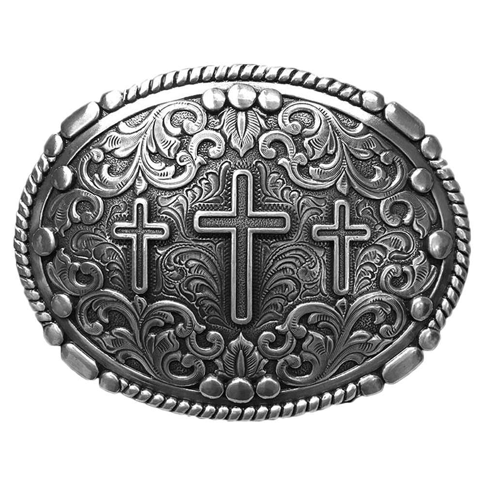 M&F Western Men's Three Cross Rope Edged Oval Buckle, Silver, One Size