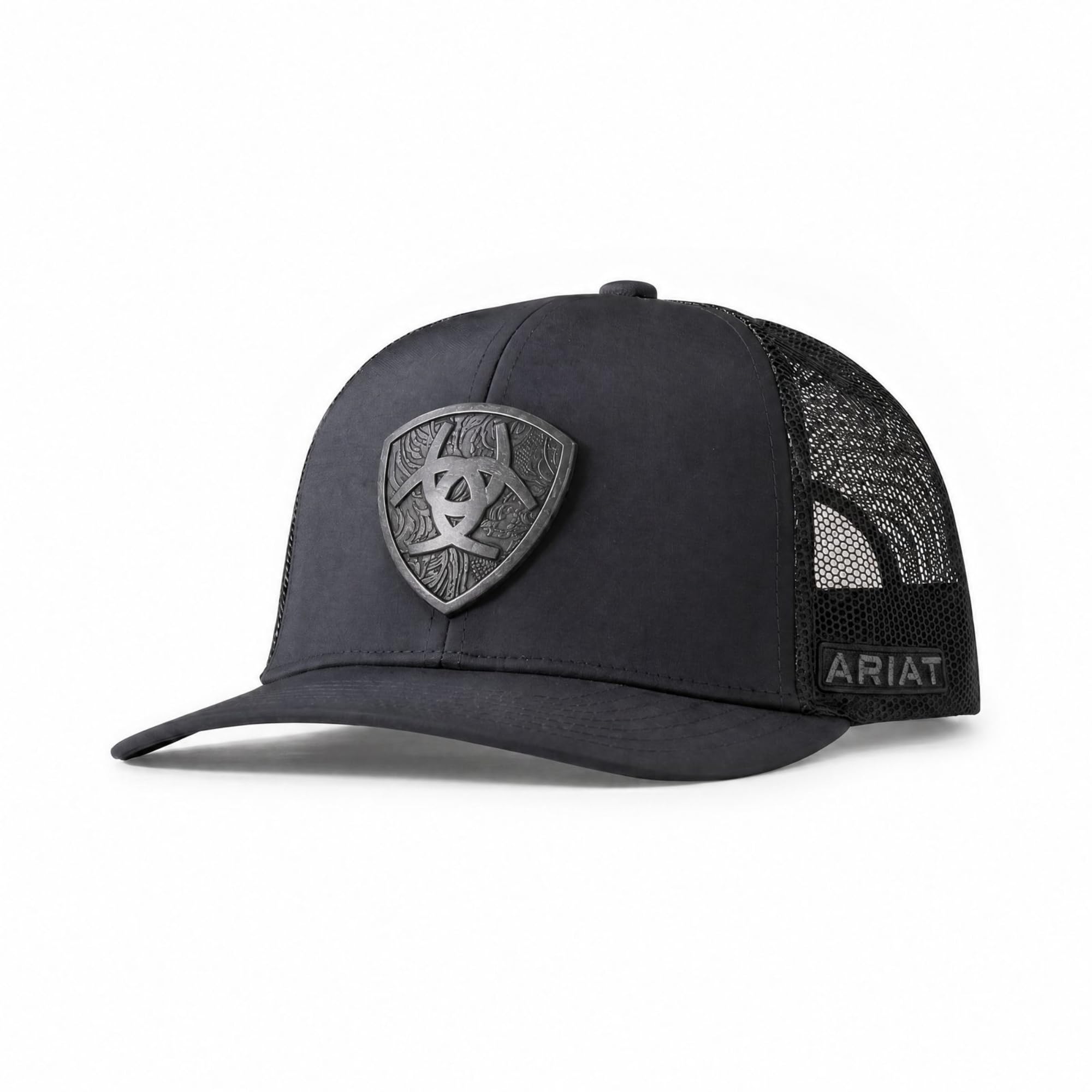 ARIAT Men's Metal Shield Snapback Cap, Mesh Back, Black, One Size
