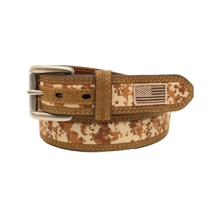 ARIAT Men's Camo Leather Belt with USA Flag Patches and Roller Buckle, Medium Brown, 32