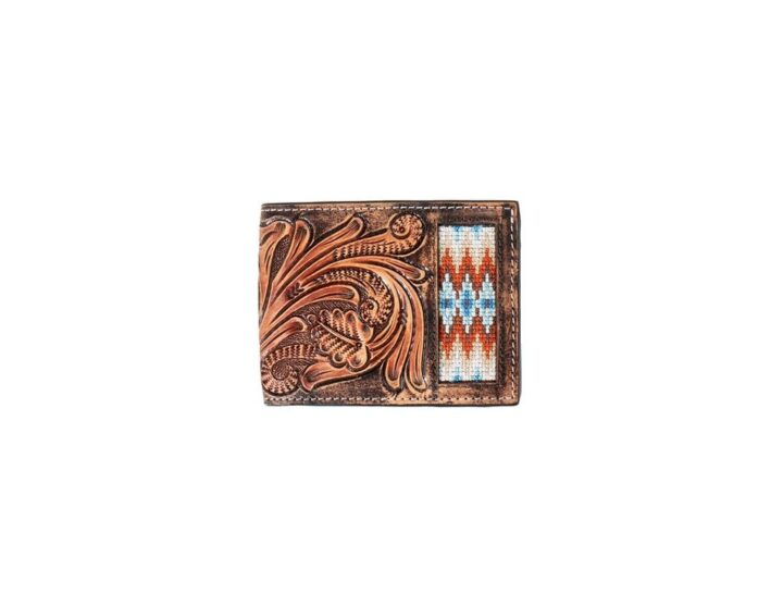 3D Belt Bifold Wallet Hand Tooled Scroll Embroidered Inlay, Brown