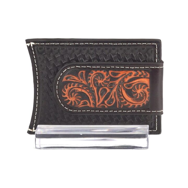 ARIAT Western Money Clip Men Cross Floral Card Case Med Brown