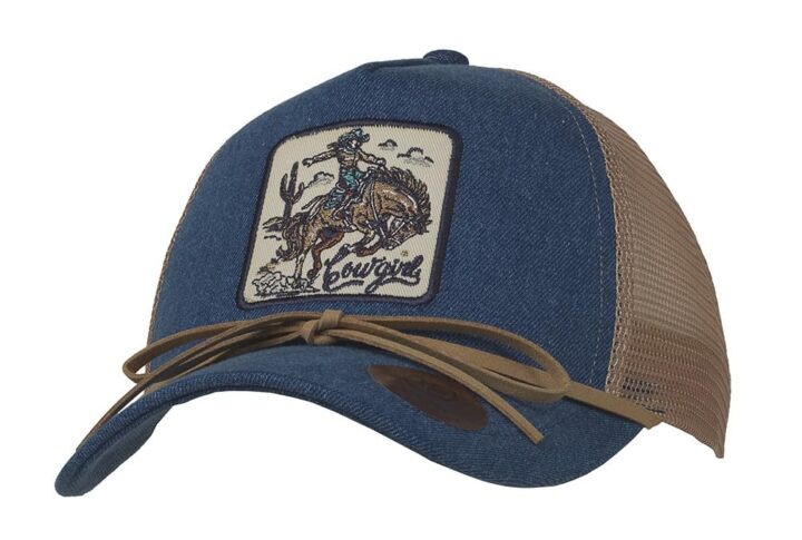 Ranch Craft Originals Ladies Cowgirl Ribbon Denim Snapback Cap, Blue & Tan Mesh Back, Embroidered Patch, Western Style