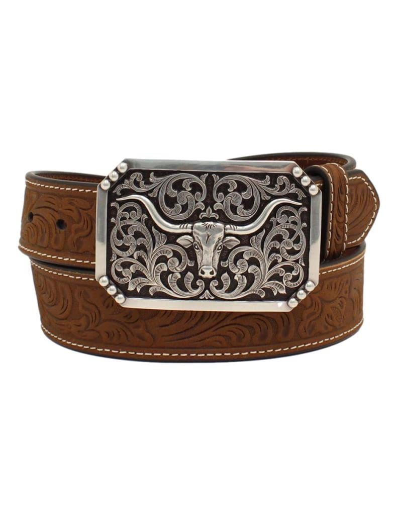 3D Mens Belt 1 1/2 Floral Embossed Longhorn Buckle Brown