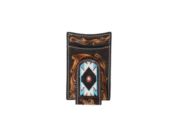 3D Belt Mens Money Clip Hand Tooled Floral Embroidered Inlay, Brown
