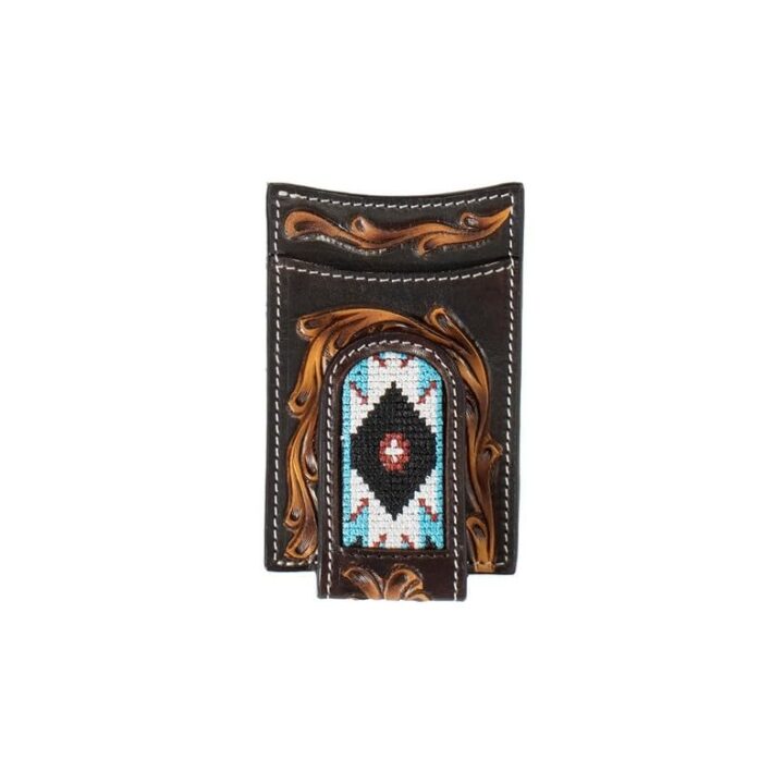 3D Belt Mens Money Clip Hand Tooled Floral Embroidered Inlay, Brown