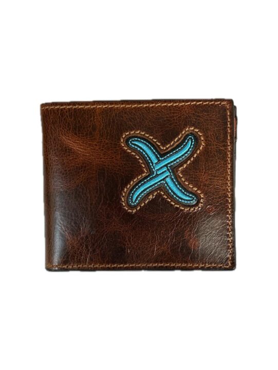 Twisted X XH-80B Mens Bifold Wallet Blue Embroidered X Distressed Brown Leather