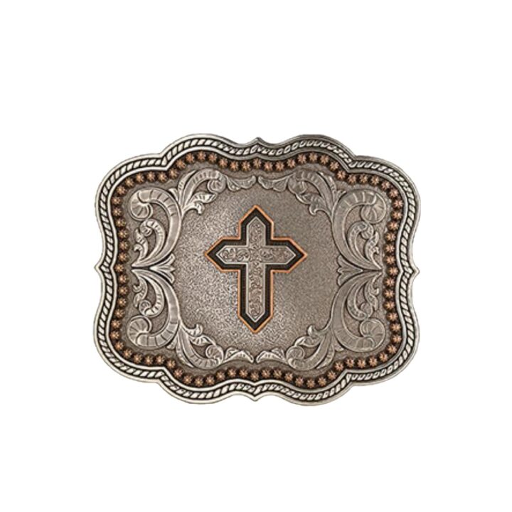 Nocona Belt Co. Western Cross Motif Buckle with Floral Engraving and Scalloped Rope Edge (Antique Silver/Copper, 4" x 3-1/4")