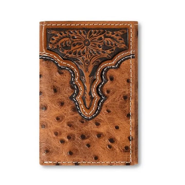 ARIAT Men's Tri-Fold Ostrich Print Floral Embossed Wallet, One Size