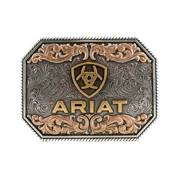 ARIAT Raised Logo Floral Scroll Rectangle Buckle | Antique Silver, Gold & Copper Finish, 4 x 3 in