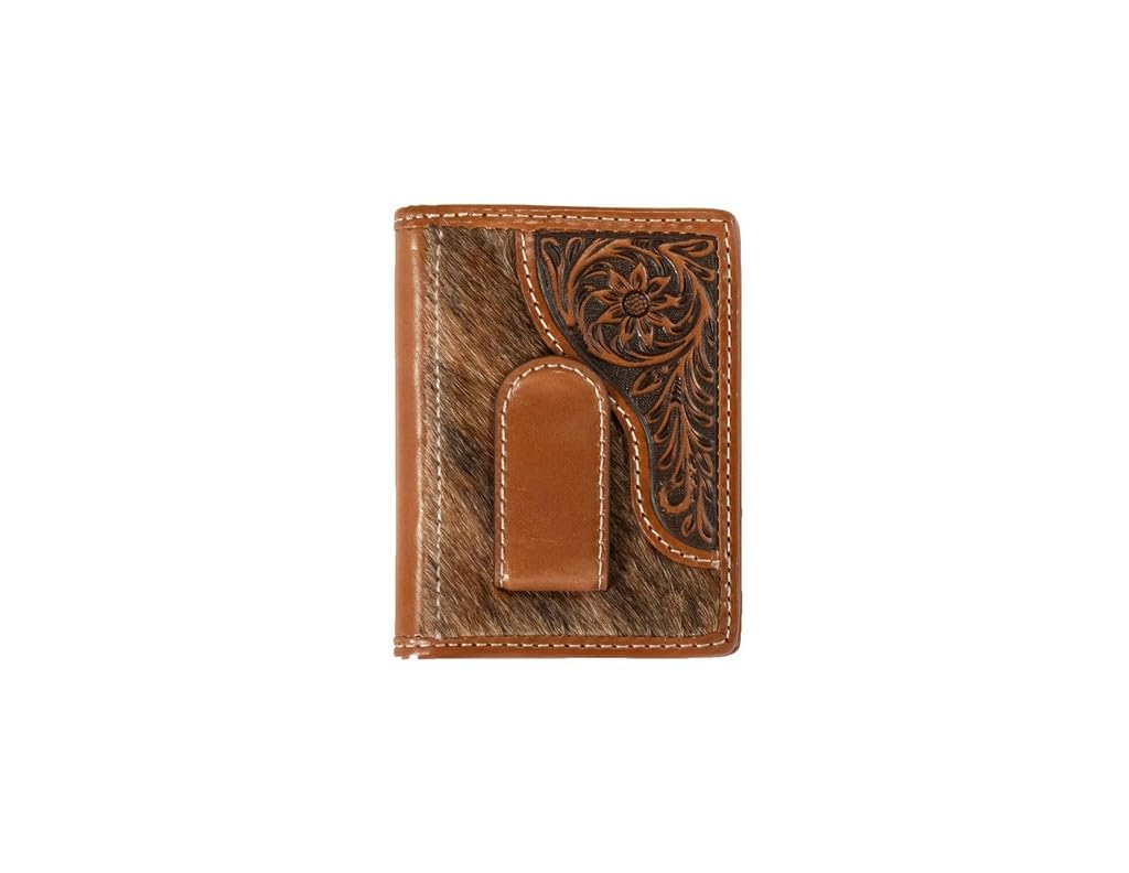 Nocona Bifold Money Clip Calf Hair Tooled Tab Wallet, Brown, N500045702