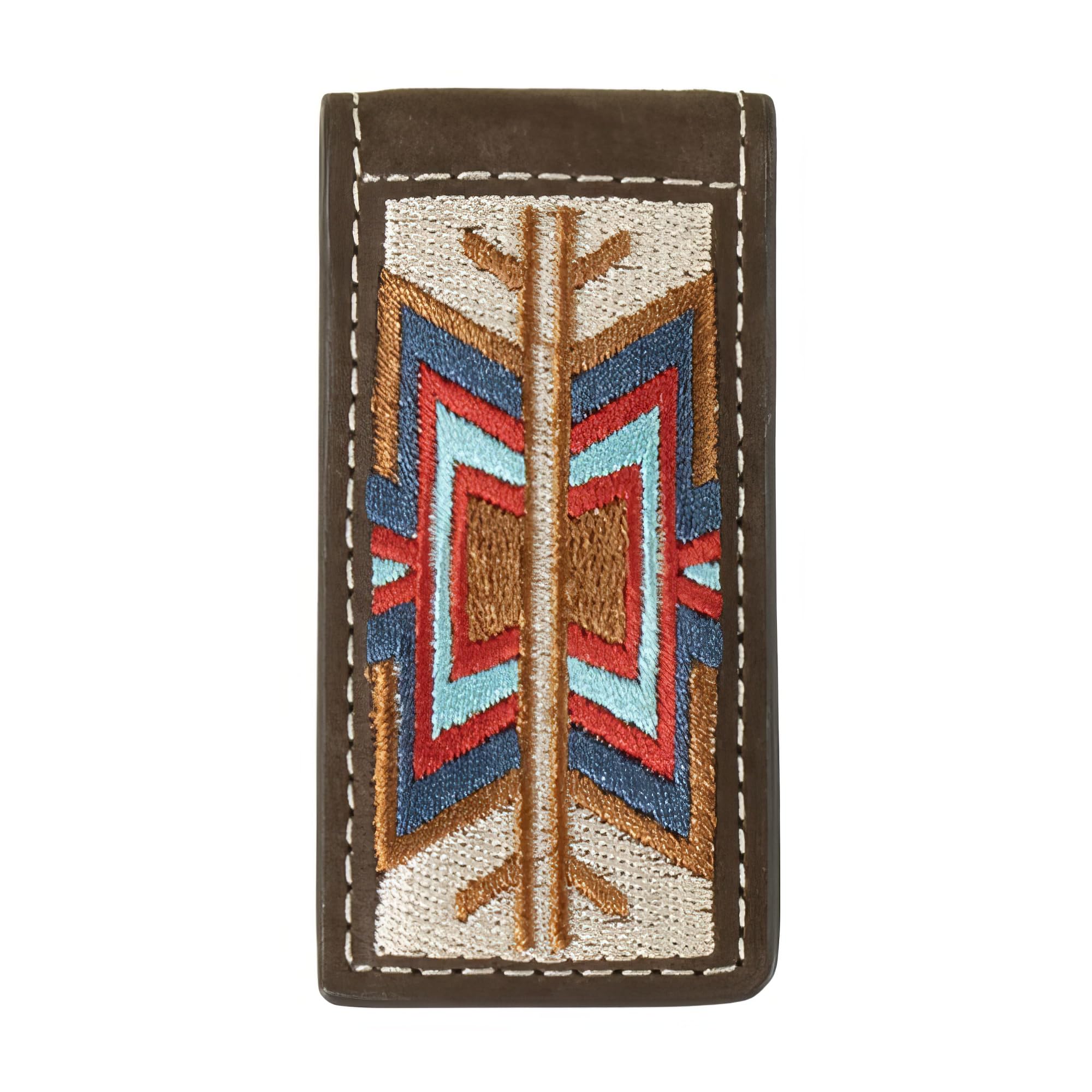3D Belt Men's Leather Money Clip with Southwest Embroidered Inlay (Multi-Color, 1-1/2" x 3")