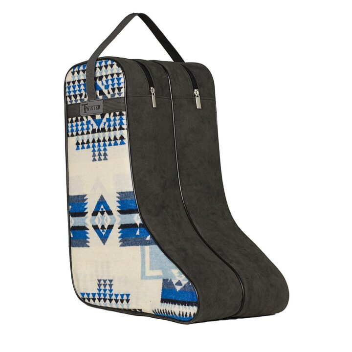 M&F Western Products TWISTER Boot Bag, Blue and Grey with Southwestern Fabric Design, Microsuede, Nylon Handles