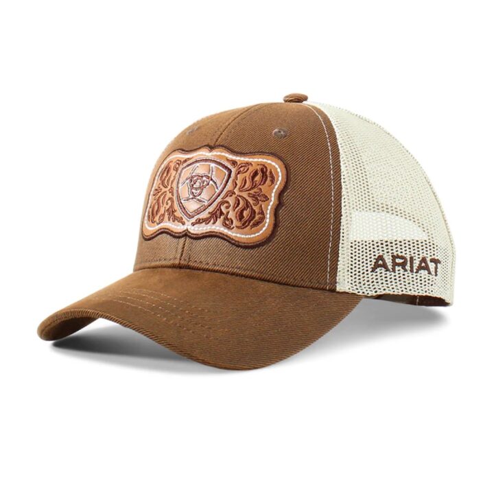 ARIAT Women's Trucker Cap, Leather Floral Patch, Snapback, Brown