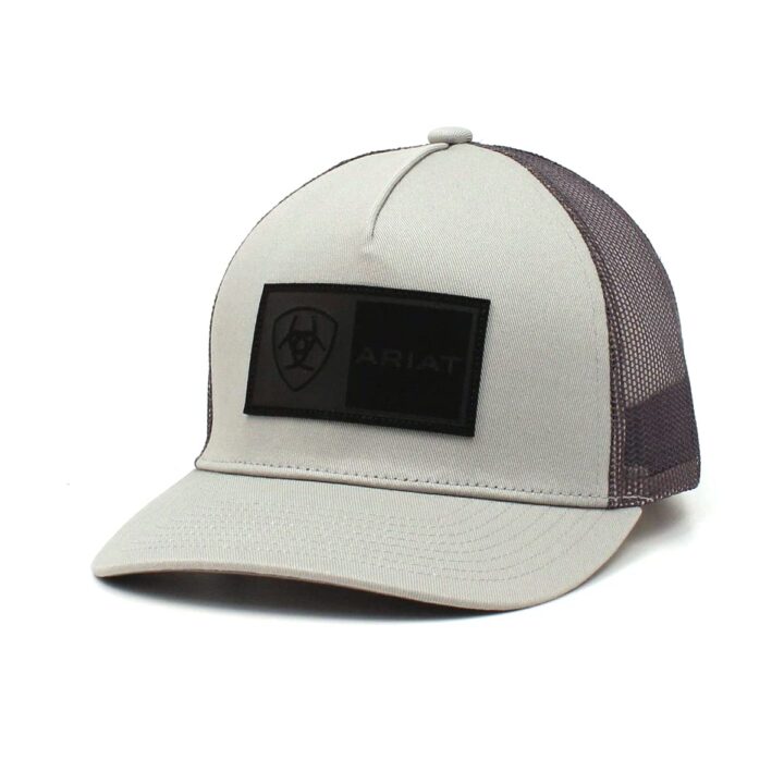 ARIAT Men's Cap, Grey with Rectangle Logo Patch, Grey Mesh Back, Snapback Closure