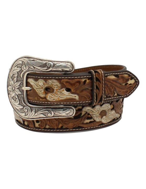 Nocona Women's Tooled Leopard Print Floral Western Belt Brown Medium