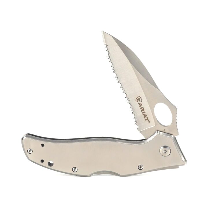 ARIAT Engraved Shield Text Logo Serrated Blade Folding Knife, Silver, 3" Blade (Medium)