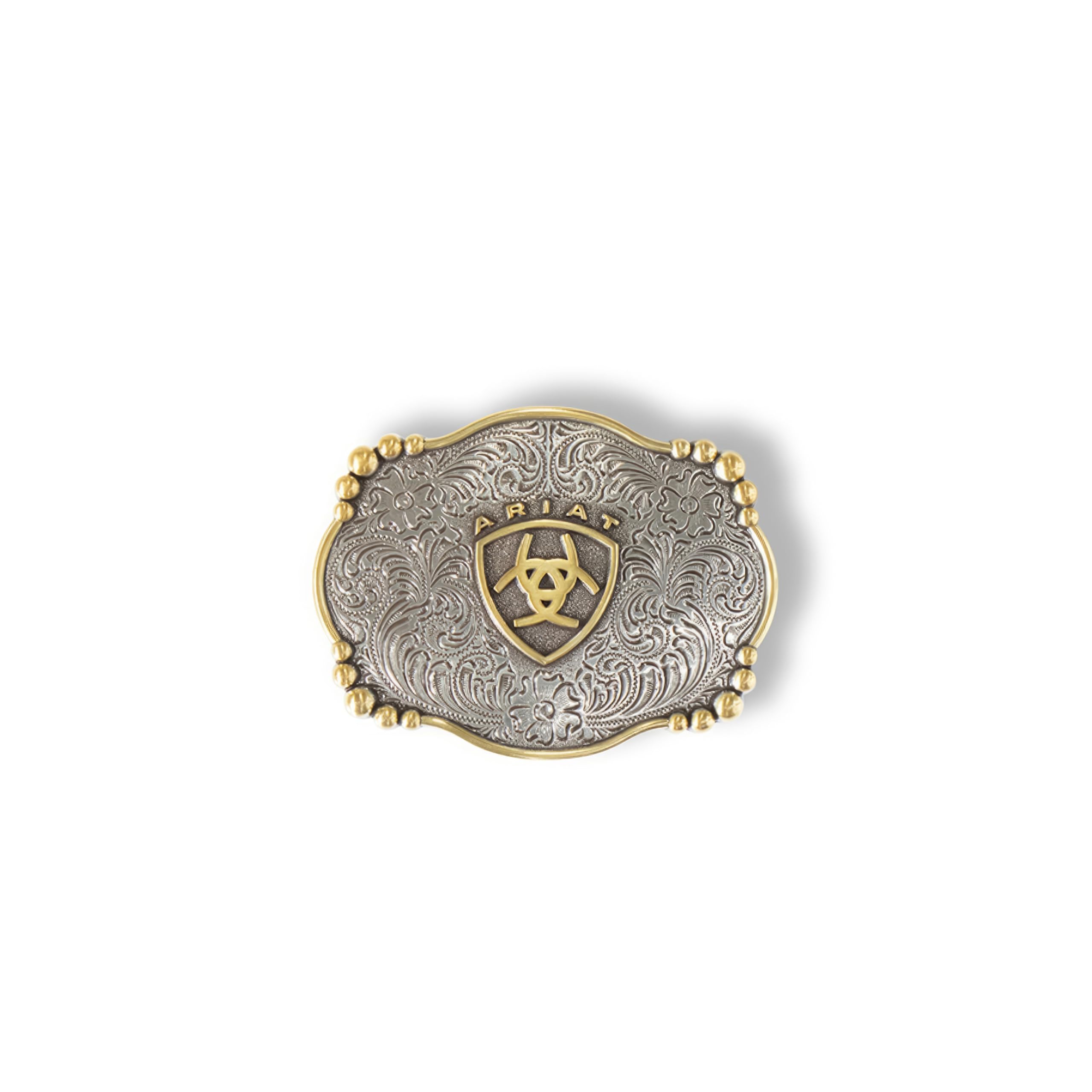 ARIAT Rectangle Buckle with Western Floral Engraving, Centered Emblem, Beaded Accents, 2-5/8" x 3-1/2" (Antique Silver)