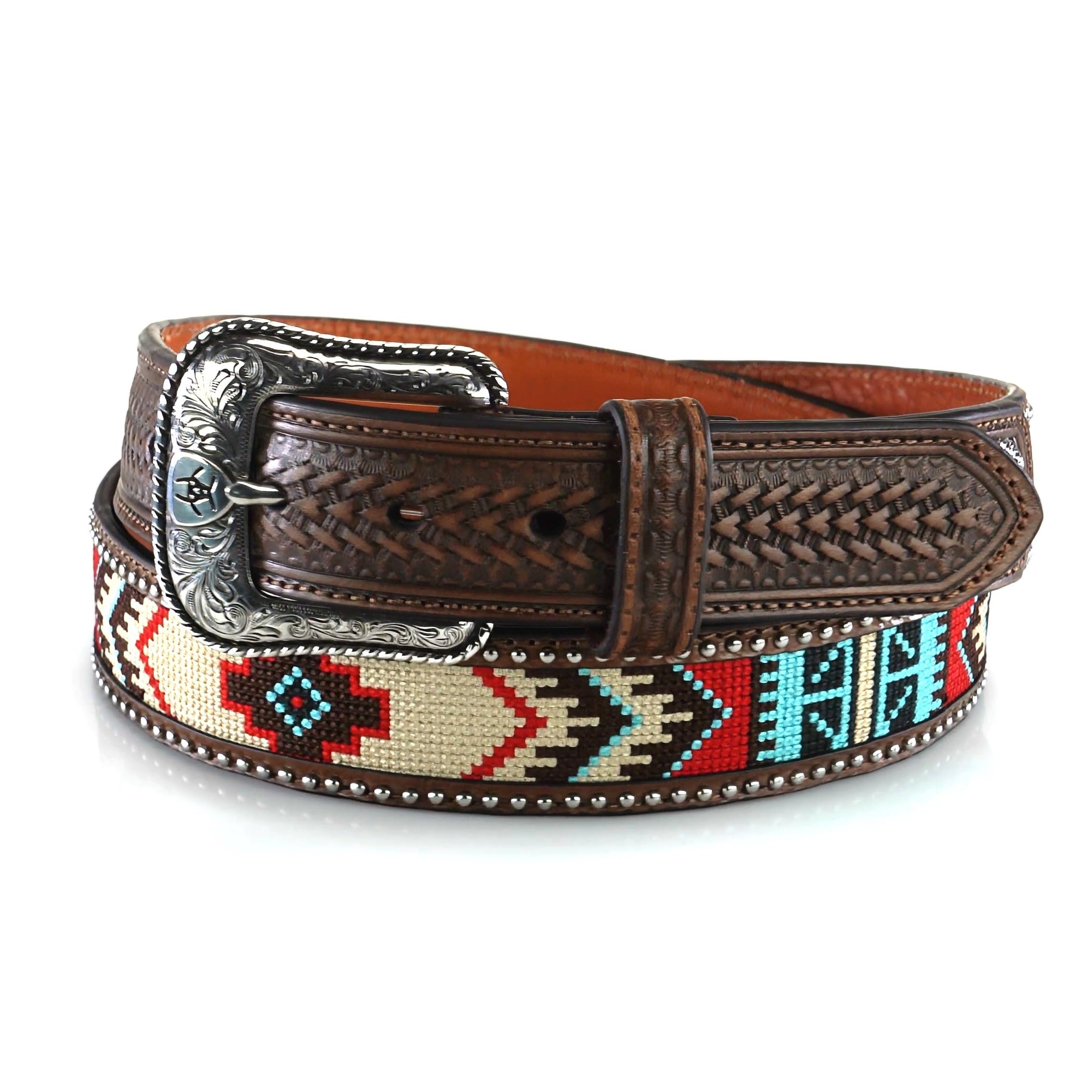 ARIAT Men's Southwestern Embroidered Leather Belt with Tooled Tabs, Red/White Pattern, 36