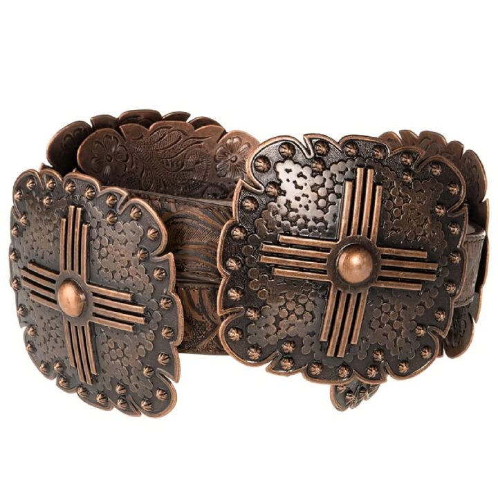 Angel Ranch Women's Floral Embossed Belt, Square Conchos, Brown, Medium