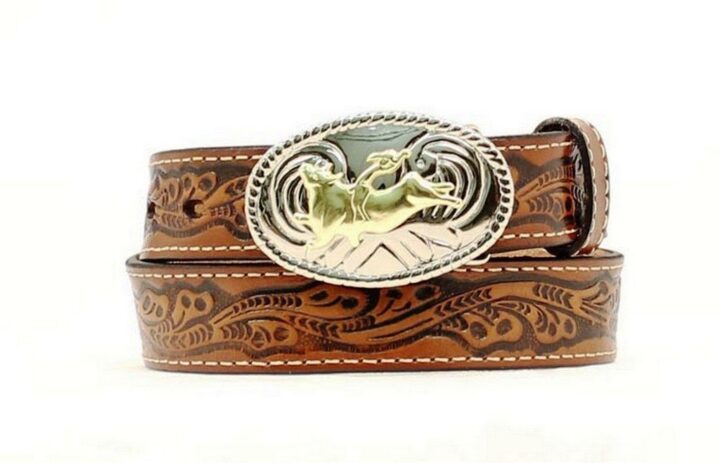 NOCONA Boys' 1-1/4" Tooled Bull Rider Floral Leather Belt With Western Belt Buckle, Brown, 18
