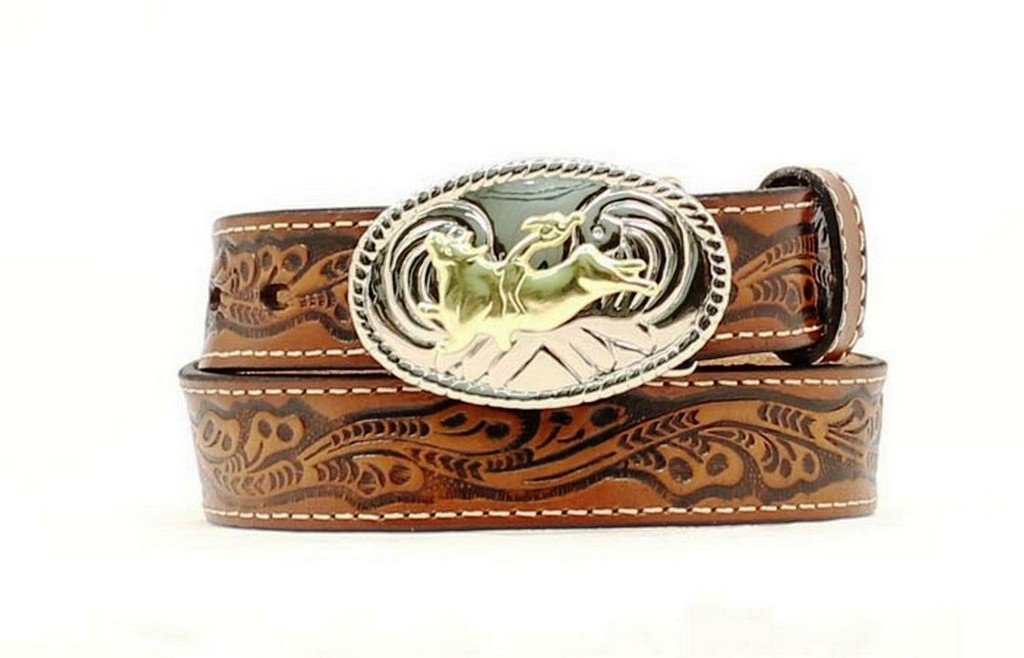 NOCONA Boys' 1-1/4" Tooled Bull Rider Floral Leather Belt With Western Belt Buckle, Brown, 18