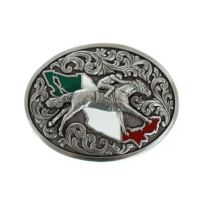 ARIAT Oval Buckle with Racehorse Motif, Floral Engraved Design, and Mexico Flag Colors, 3" x 3.5"