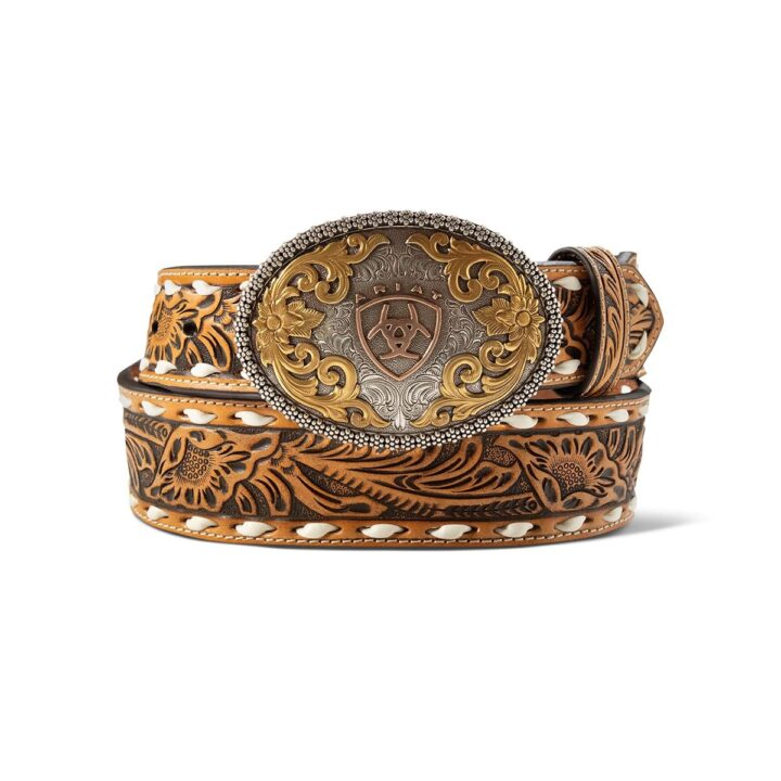 ARIAT Men's Leather Floral Embossed Oval Multi Finish Belt, Natural, 32