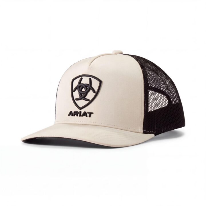 ARIAT Men's Black Shield Logo Trucker Cap, Snapback, Beige, One Size