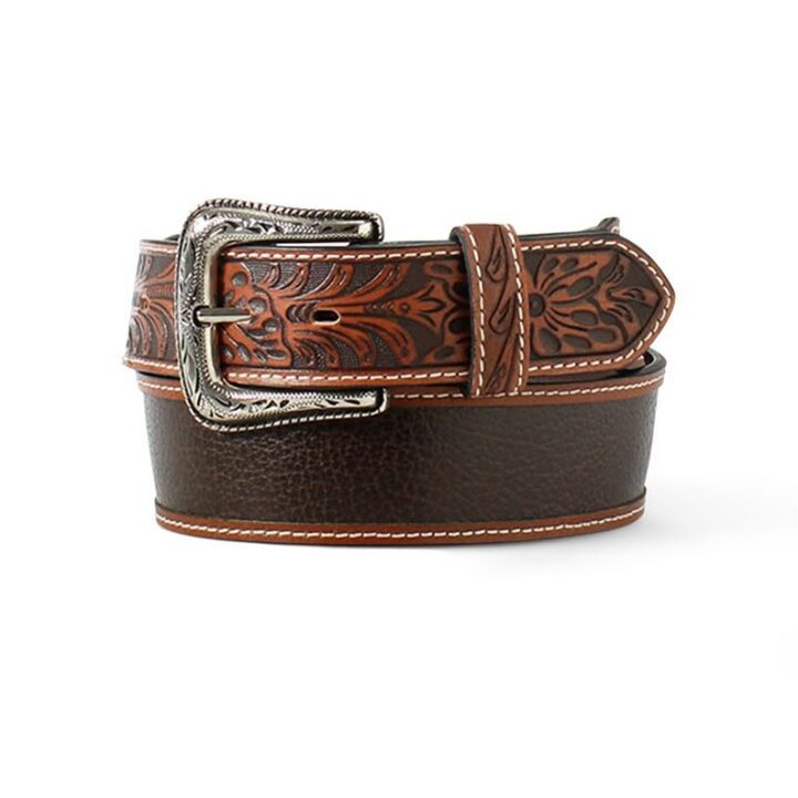 ARIAT Men's Leather Floral Embossed Tabs Belt, Brown, 32