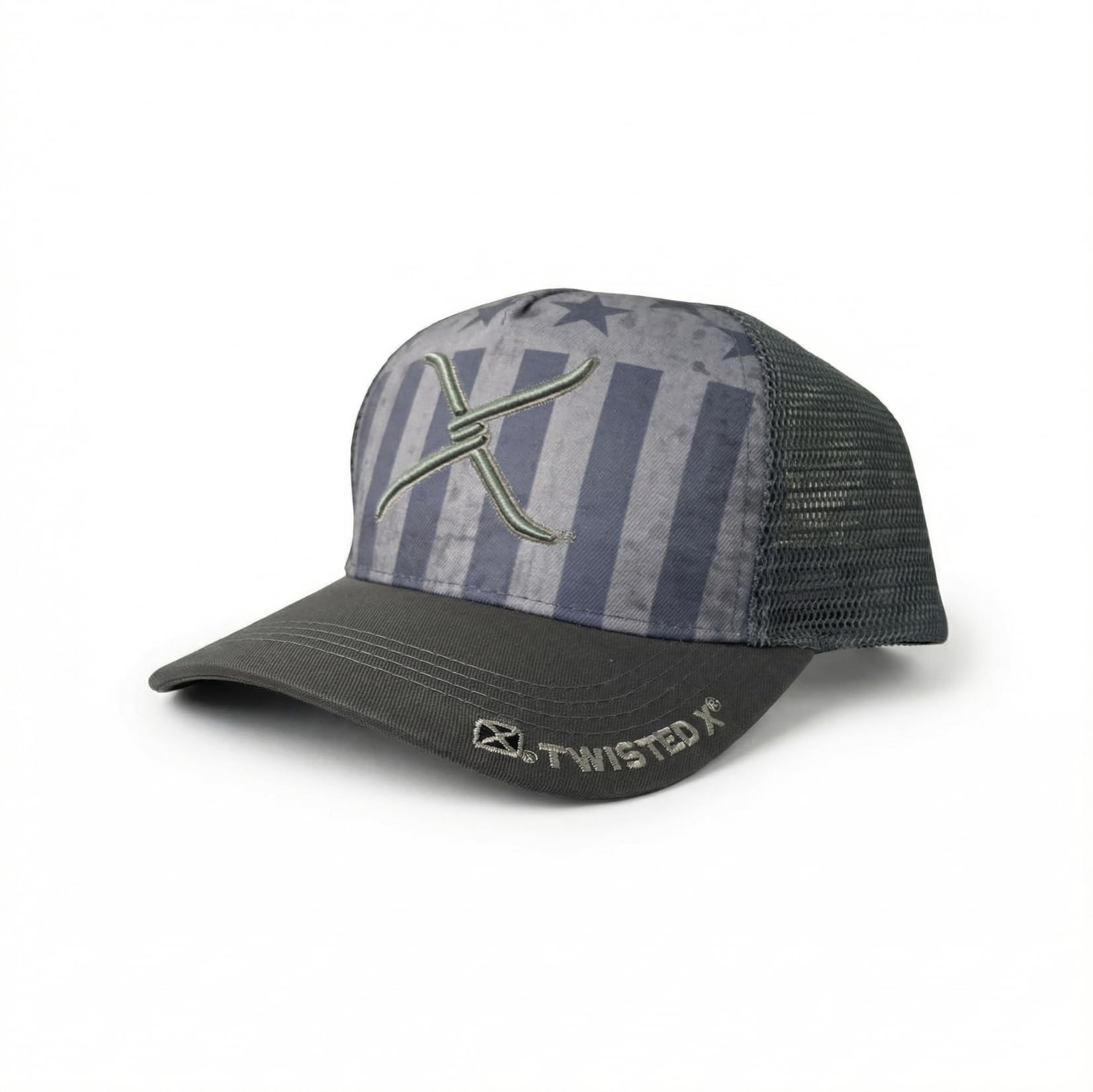 Twisted X Men's Tonal American Flag Trucker Cap with Embroidered Logo - Mesh Back Snapback Hat - Gray/Navy