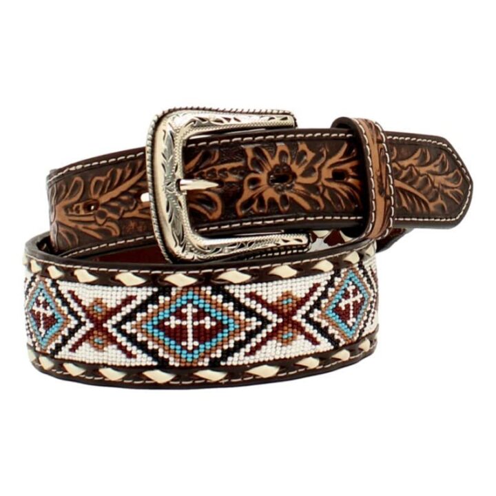 Nocona Mens Floral Tabs Beaded Buck Lacing Belt, Size 32, White