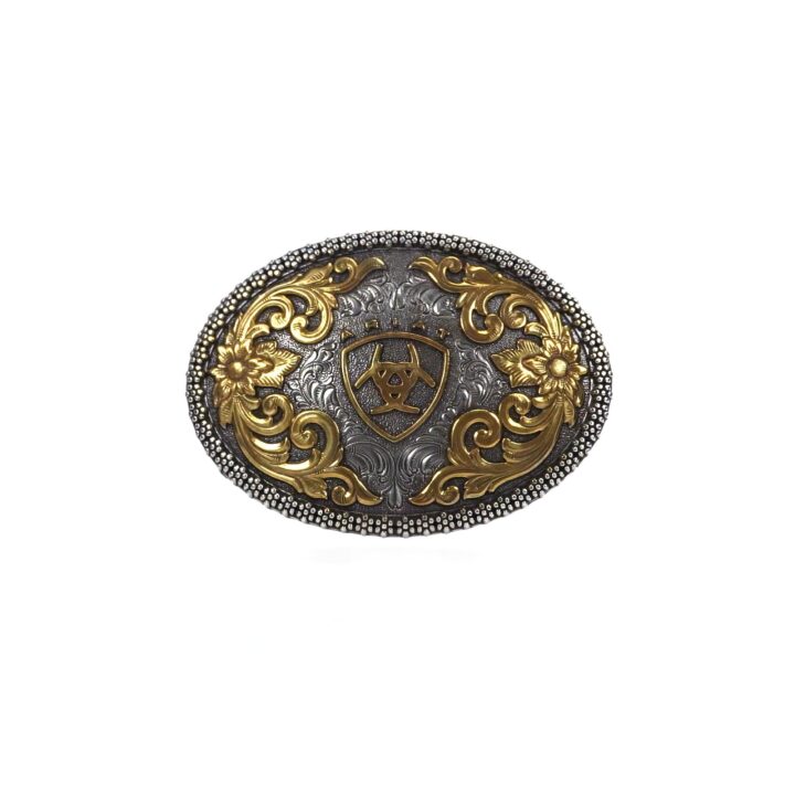 ARIAT Oval Buckle with Logo, Floral Scrolls and Filigree Detail, Antique Gold and Silver Finish, 3.75"x 2.75"