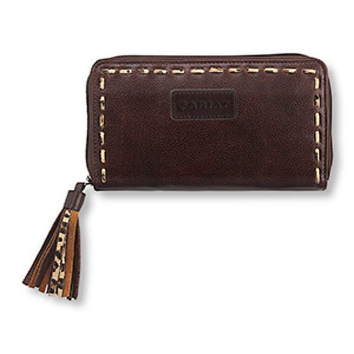 ARIAT Women's Thelma Leather Wallet with Leopard Print Lacing, Dark Brown, A770018534