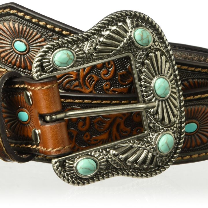Nocona Belt Co. Women's Nocona Scroll Embose Painted Tirquoise Oval Belt Accessory, brown, Extra Large