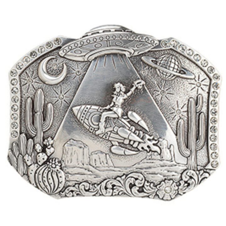 Blazin Roxx Women's Cosmic Cowgirl Belt Buckle, Space Desert Scene with UFO and Cowgirl Riding Rocket (Silver, 3" x 3-5/8")
