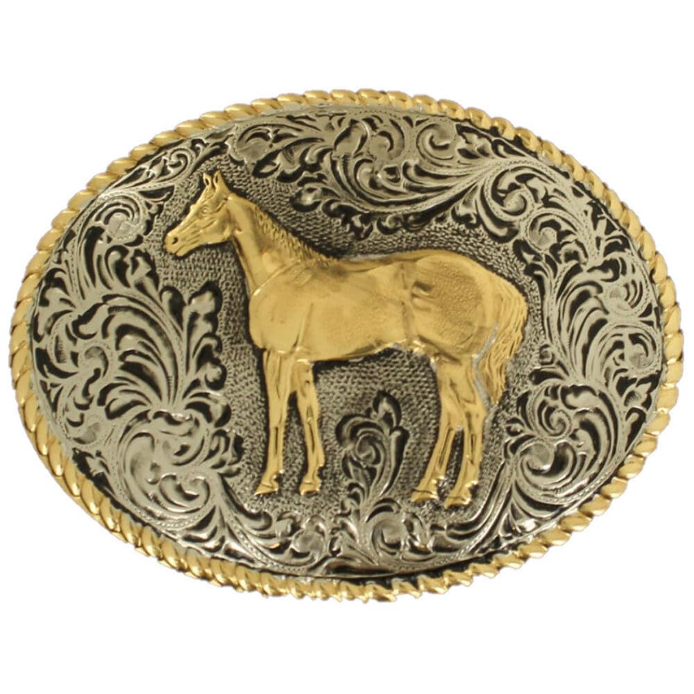 Nocona Youth Western Buckle with Standing Horse Motif (Antique Silver and Gold, 2-1/4" x 3")