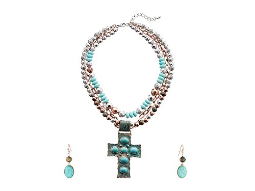 M&F Western Womens Engraved Cross Pendant Necklace/Earrings Set Turquoise One Size