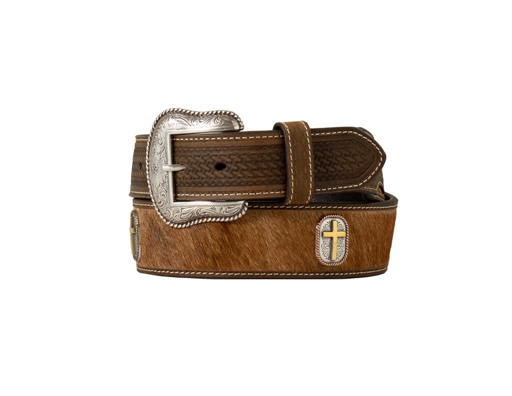 Nocona Belt Co. Men's Calf Hair Raised Cross Concho Basket Weave Belt, Brown, 38