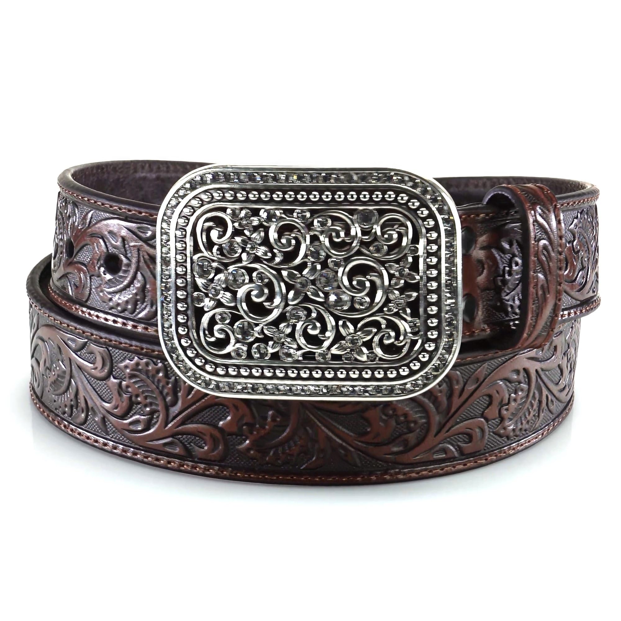 ARIAT Women's Rhinestones Embossed Leather Belt, Brown, 2X-Large