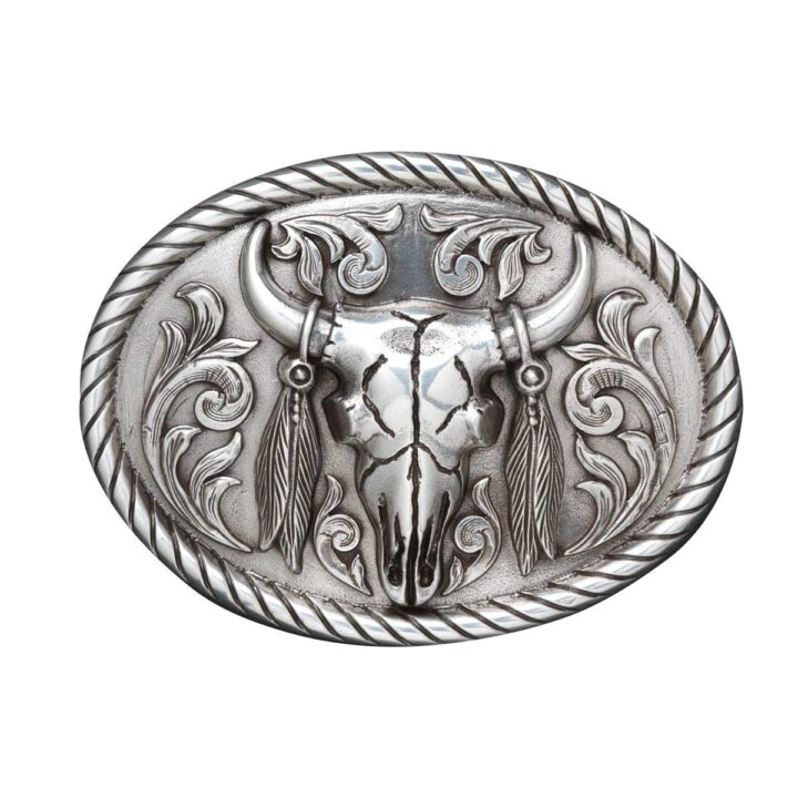 Silver Steer Skull Scroll Feather Oval Buckle by Nocona