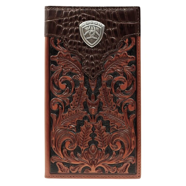 ARIAT Men's Tooled Oak Front & Gator Print Top Shield Leather Rodeo Wallet