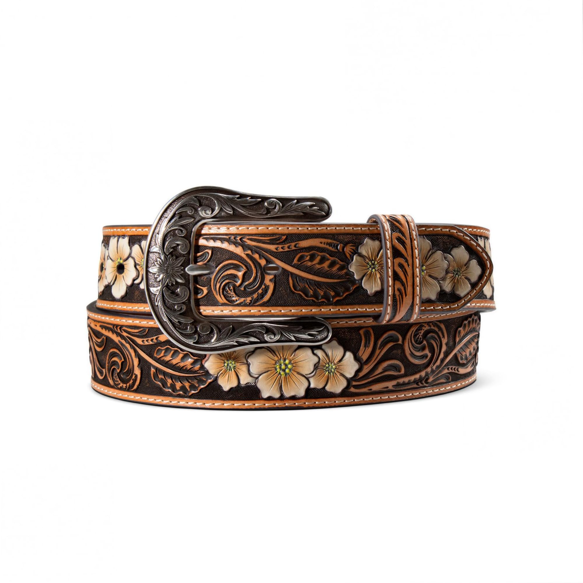 ARIAT Women's UV Printed Floral Belt with Antique Silver Buckle, Tan, Large