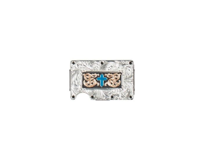 3D Belt Mens Utility Wallet Turquoise Cross Motif, Silver