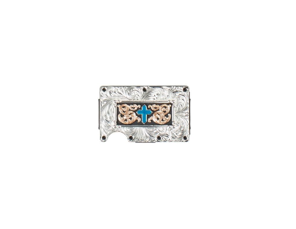 3D Belt Mens Utility Wallet Turquoise Cross Motif, Silver