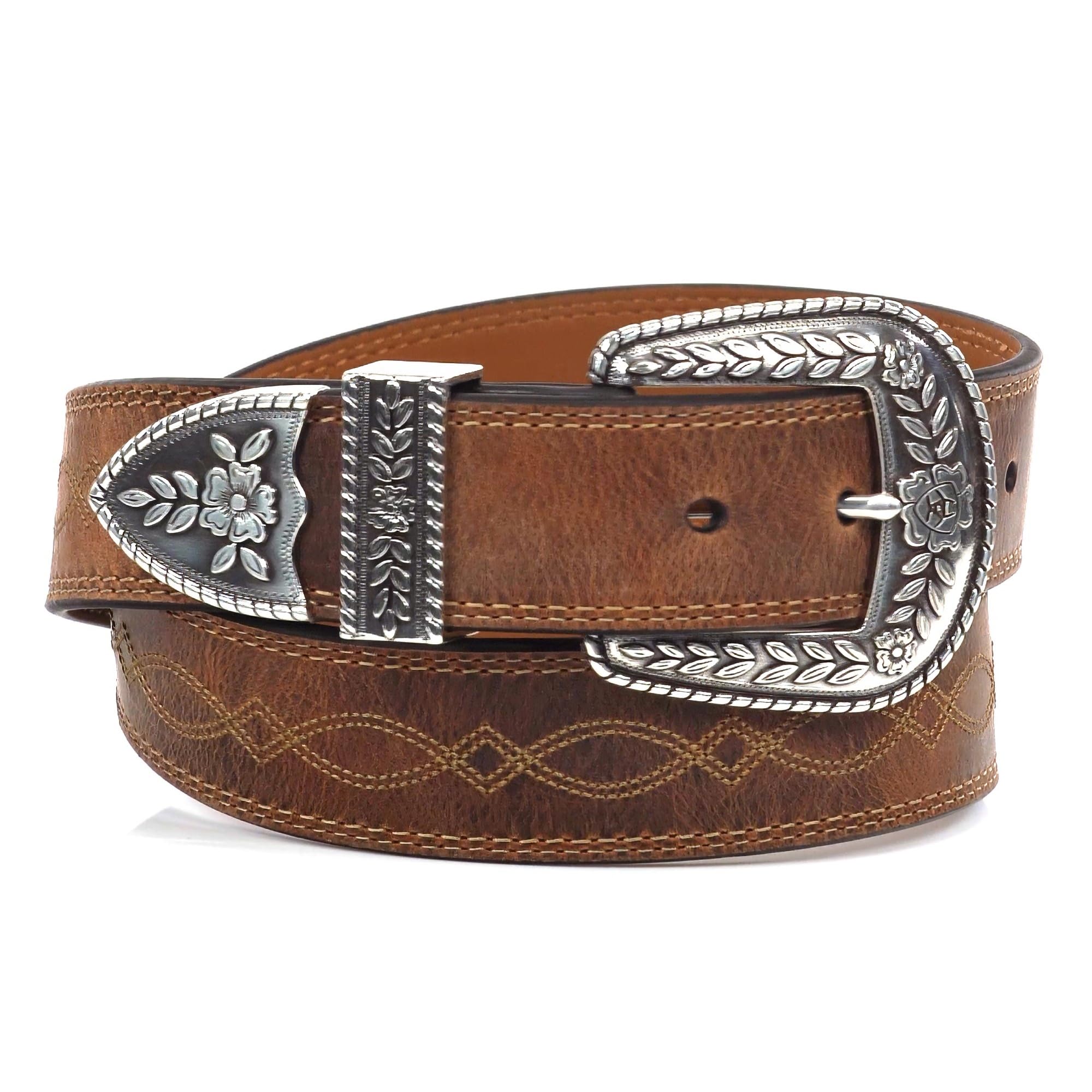 ARIAT Women's Center Stitch Leather Belt, Silver Buckle, Brown, Size 30
