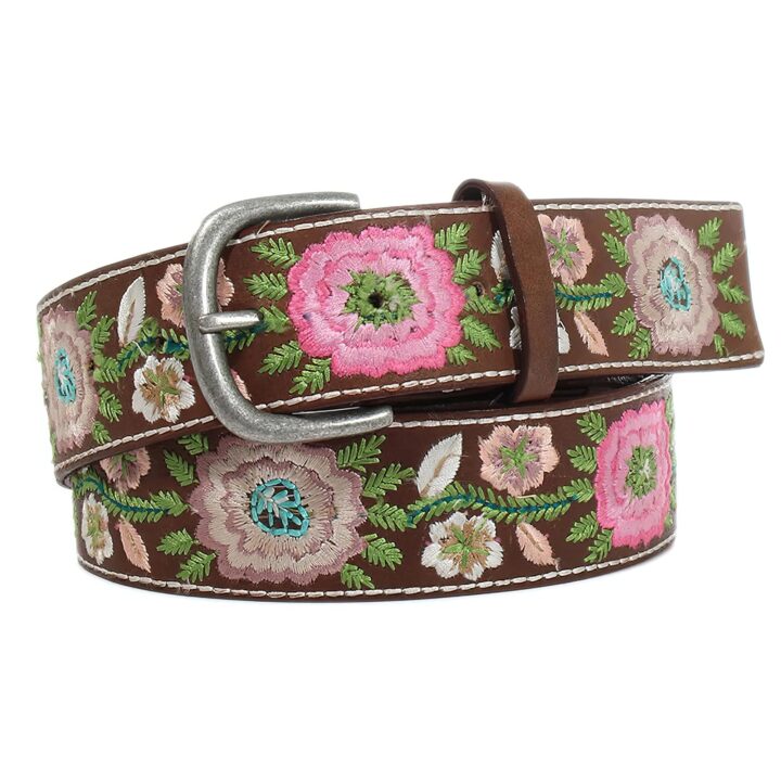 ARIAT Women's Embroidered Floral Design Removable Belt, Brown, Small