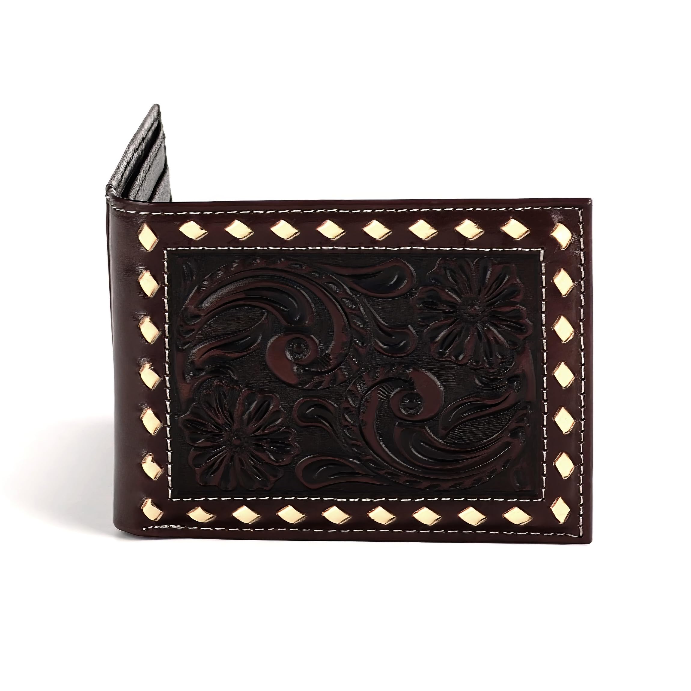 ARIAT Men's Bifold Wallet with Passcase, Leather, Floral Embossed, Brown