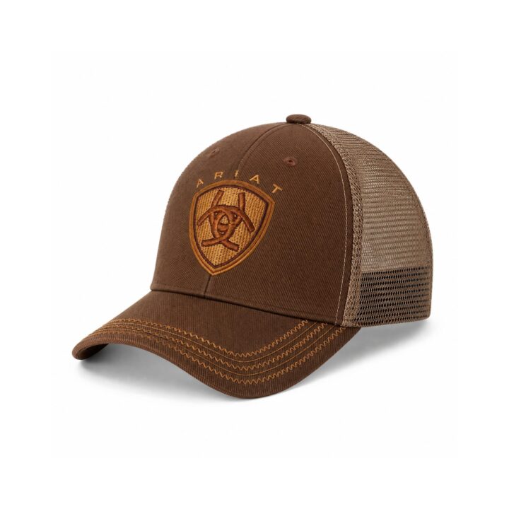 ARIAT Men's Oilskin Trucker Cap with Embroidered Shield Logo, Curved Brim, Strapback, Brown, One Size